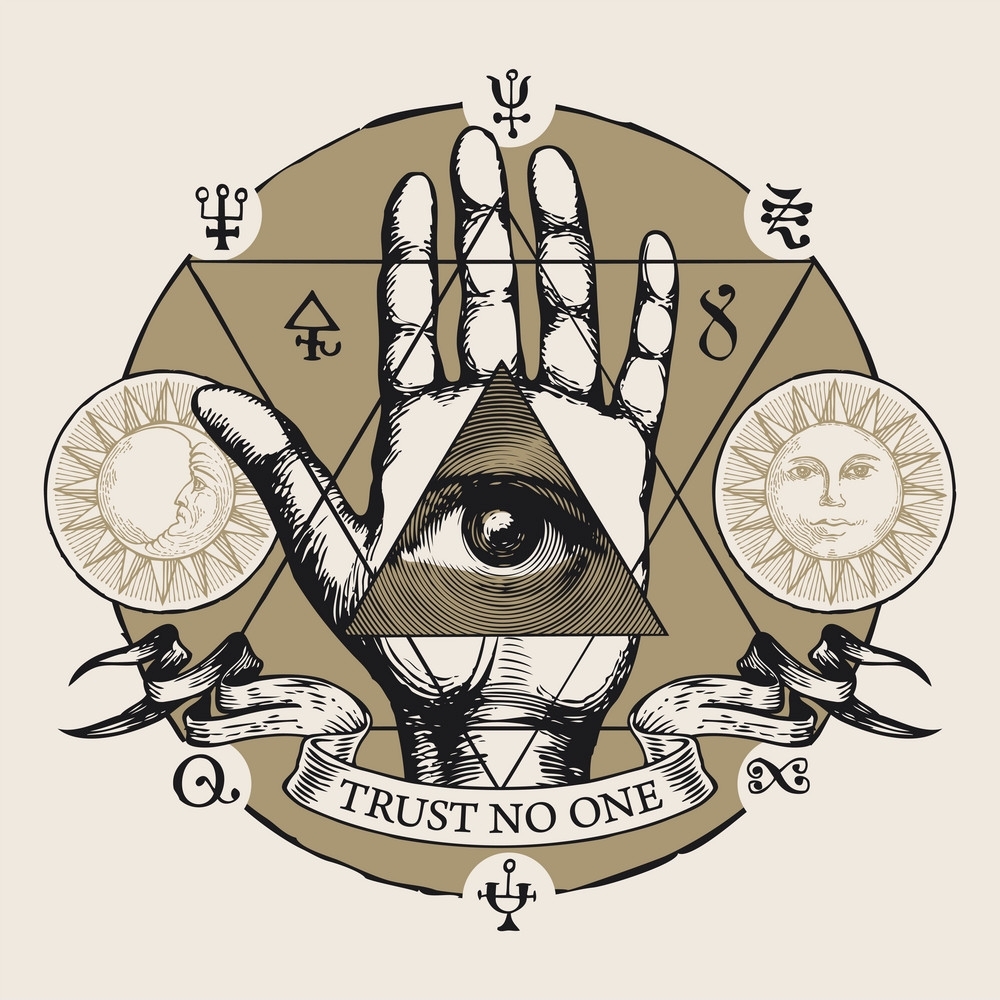 banner with all seeing eye symbol on an open palm