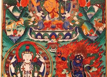 Three Great Bodhisattvas of Wisdom, Compassion, and Power — Manjushri, Avalokiteshvara and Vajrapani.
