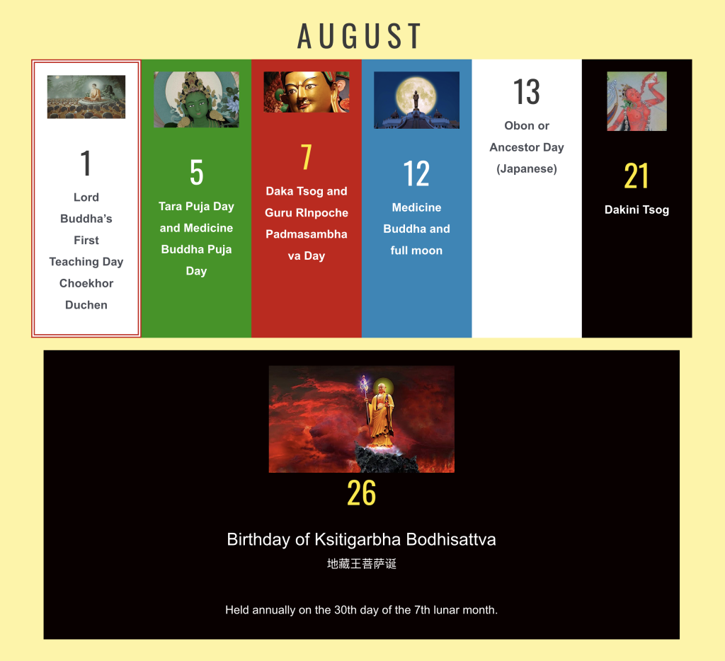 Dharma Dates for August 2022: Lord Buddha’s First Teaching and Lord Ksitigarbha’s Birthday and much more to celebrate: lunar to western calendar conversion