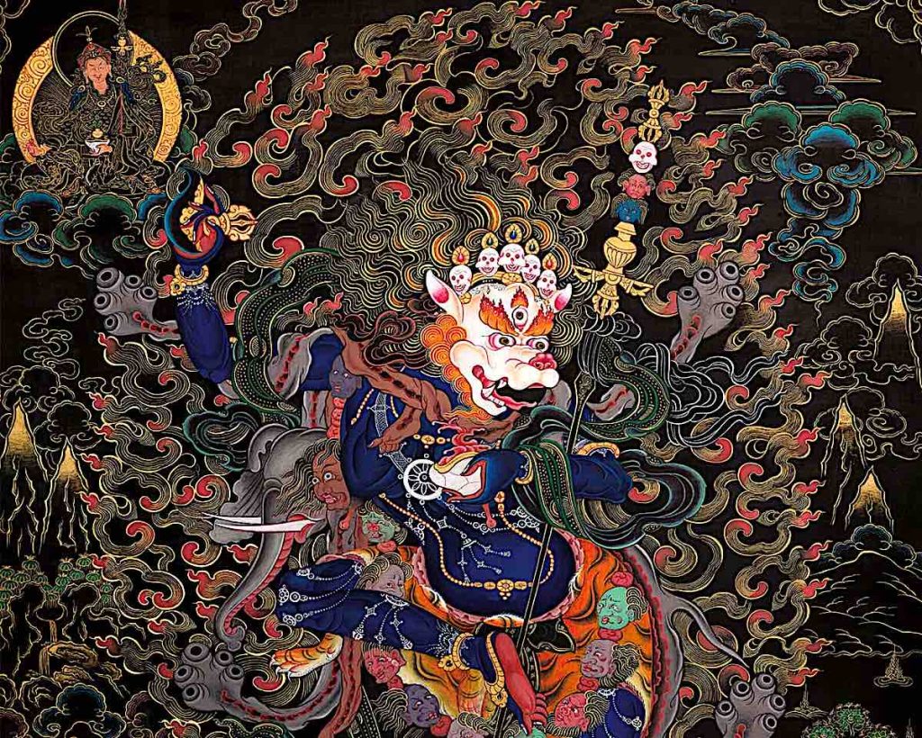 Simhamukha Dakini, the supremely ferocious remover of obstacles, Sengdongma, snow-lion-faced Dakini, whose roar defeats all negativities, curses, obstacles or evil forces