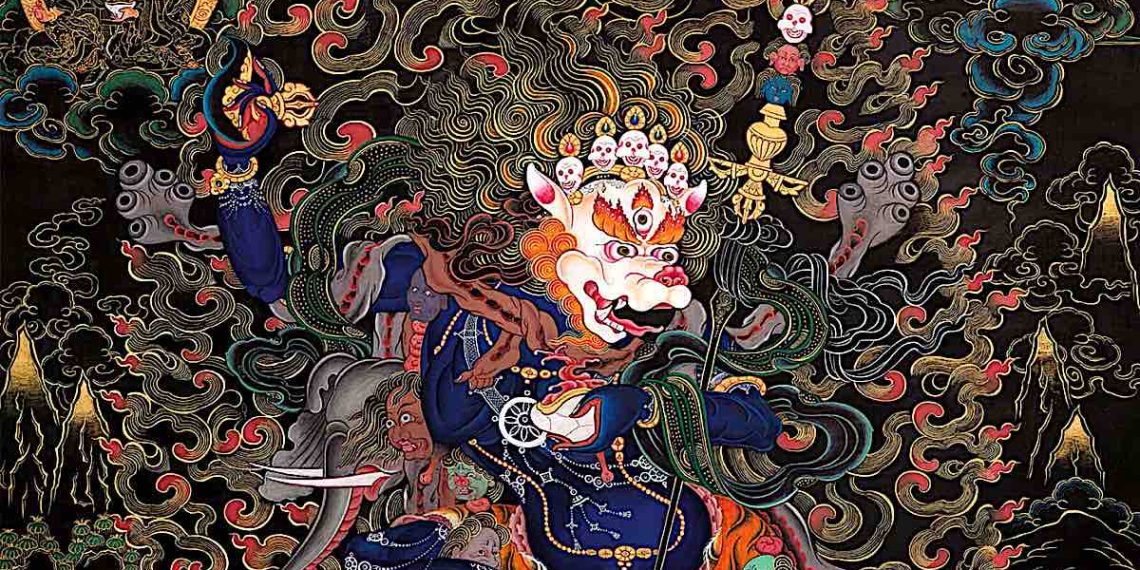 Simhamukha Dakini, the supremely ferocious remover of obstacles, Sengdongma, snow-lion-faced Dakini, whose roar defeats all negativities, curses, obstacles or evil forces
